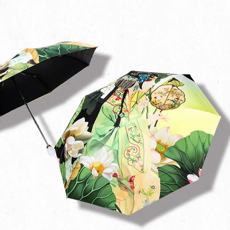 

Automatic Sun Umbrella Rain Women Chinese Style Anti-uv Umbrella For Female Three Folding Parasol Portable Creative Female Gift