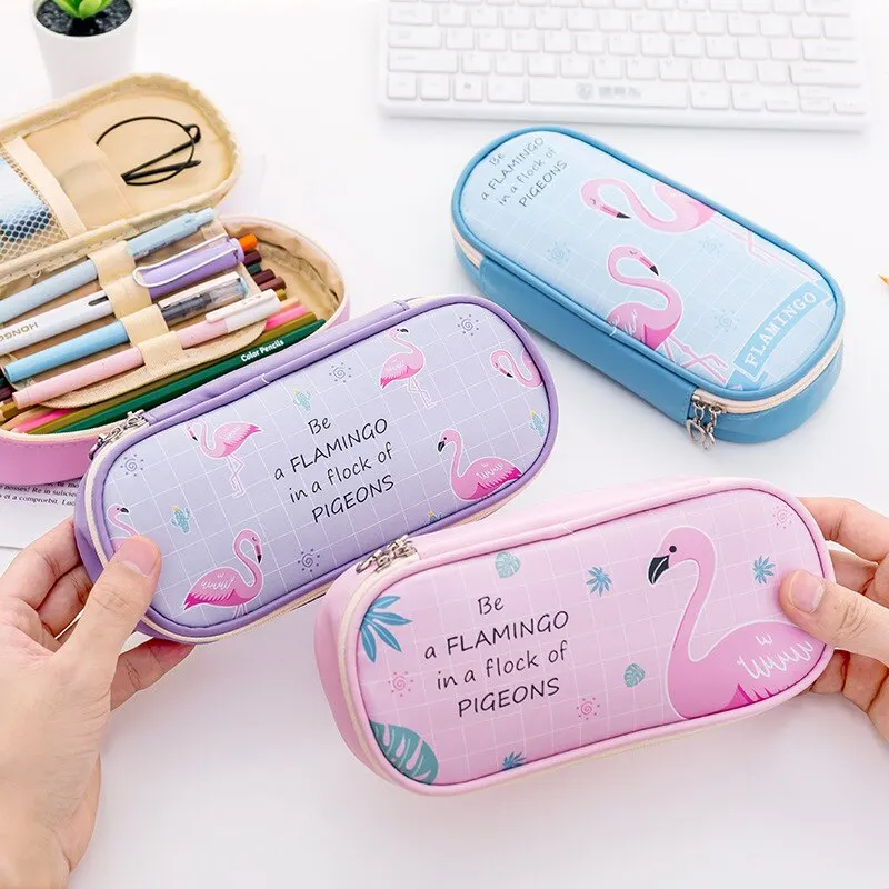 

Creative PU Flamingo Pen Bag Multi-Functional Zipper Stationery Bag For Girls Boys Student School Office Supply
