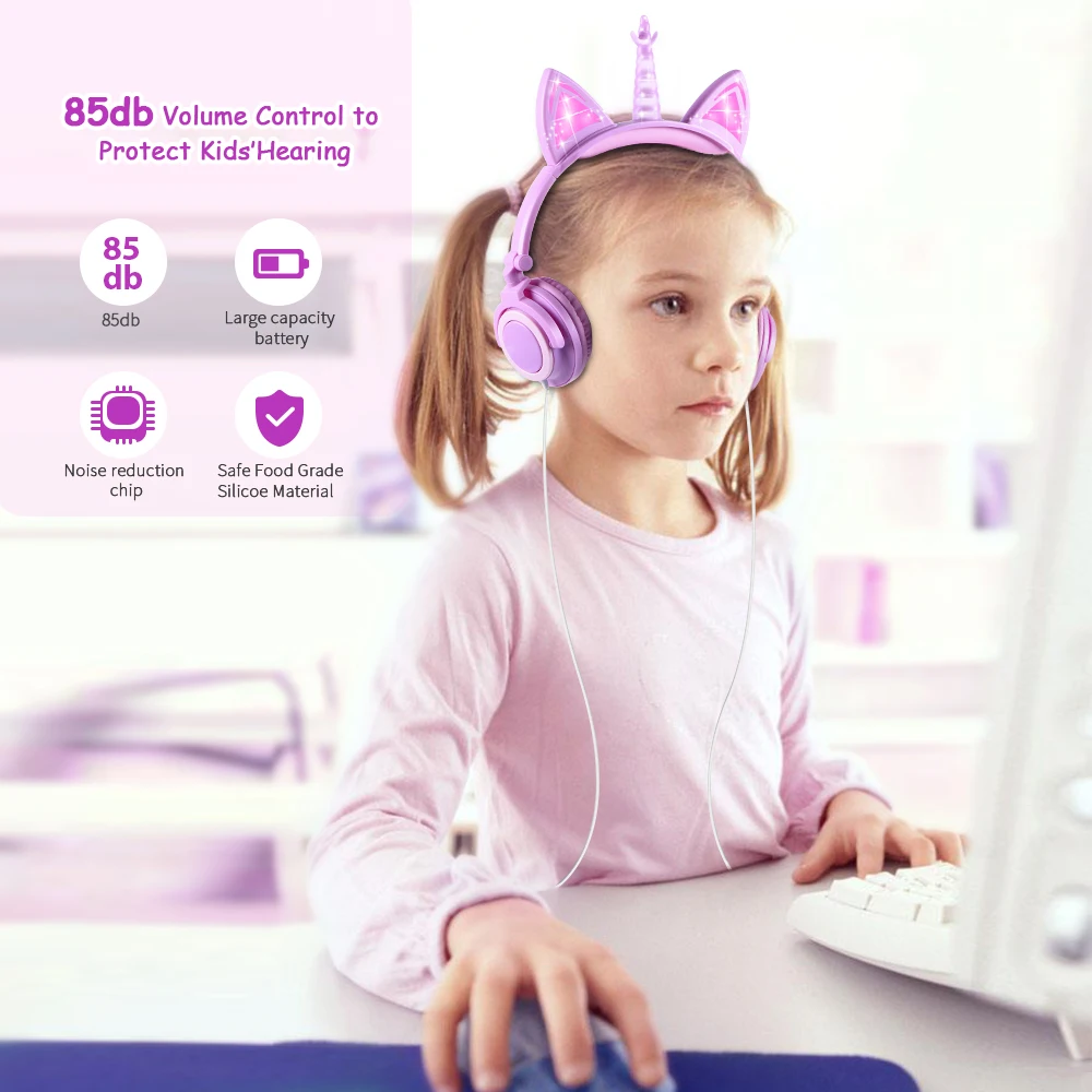 Original Unicorn Headphones LED Flashing Children Headphone Foldable Music Wired Headphones Cat Ear Gaming Headset Kids Gifts