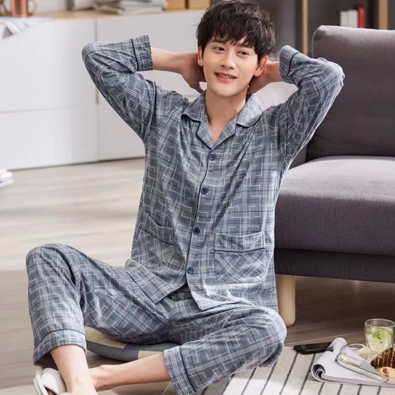 mens designer pjs Spring Autumn Pajama Sets Suit Knitted Cotton Casual Long Sleeve Sleepwear Plaid Home Wear Plus Size Comfortable Pajamas For Men mens cotton pajama sets