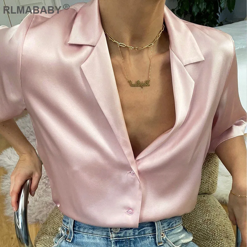 Solid Notched Collar Silk Satin Blouse Elegant Soft Short Sleeve Button Summer Women Tops 2020 Office Lady Fashion Pink Blouse Solid Notched Collar Silk Satin Blouse Elegant Soft Short Sleeve Button Summer Women Tops 2020 Office Lady Fashion Pink Blouse