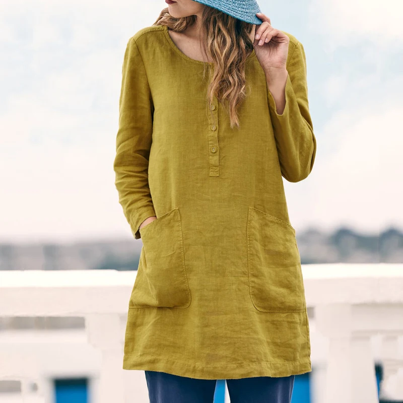 Women Long Top Loose Button T-Shirt Round Neck Casual Sleeve Tops Spring Autumn Outfits Pocket Cotton Blend T Shirt | Женская одежда