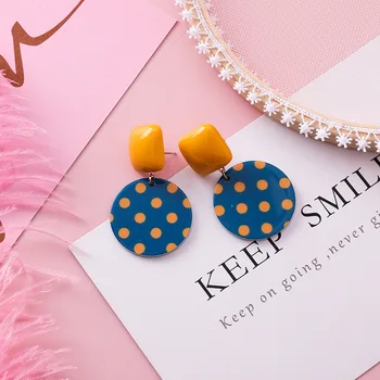 

Japanese Korean Cool Sweet Square Circle Polka Dot Earrings Online Celebrity Popular Yellow Blue Contrast Color Fashion Short Ge