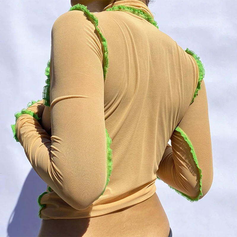 Chic Mesh See Through Y2K Top Woman Slim Club Patchwork Ruffles T-Shirt Street Turtleneck Crop Tops Neon Tees