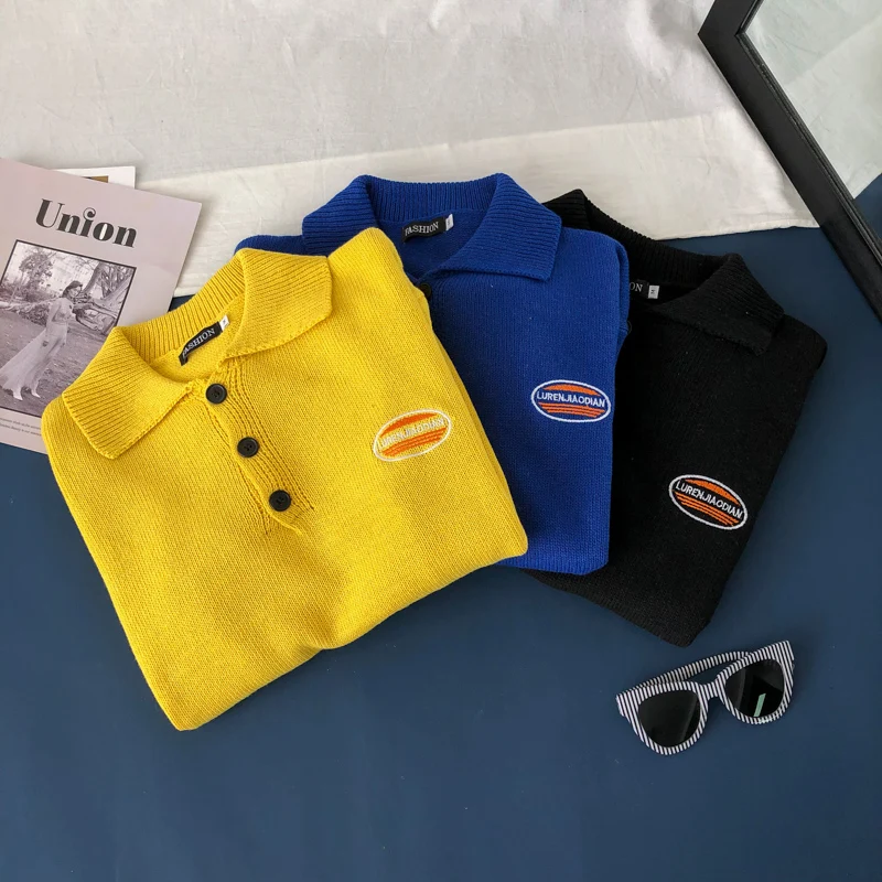 Autumn Turn-down Collar Personality Male Sweater Korean Version Loose Trend of The Port Wind Student Knit Lazy Bf Sweater