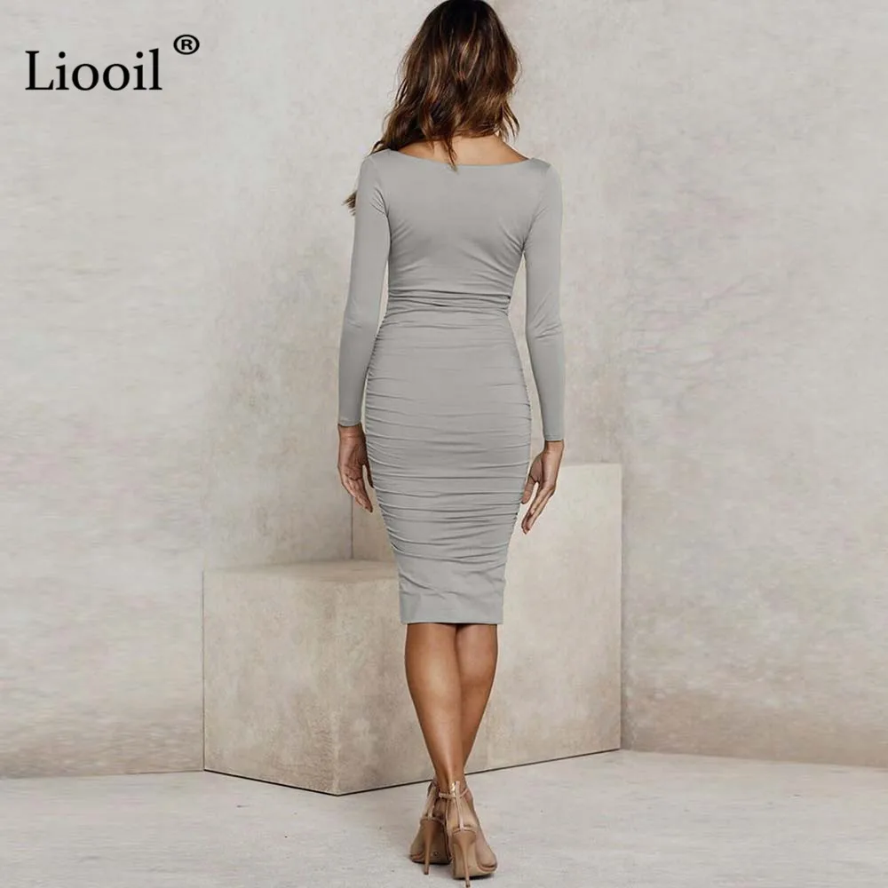 Liooil Fall Sexy V Neck White Midi Bodycon Dress Women Autumn Winter Stretchy Long Sleeve Club Party Tight Fitted Dresses