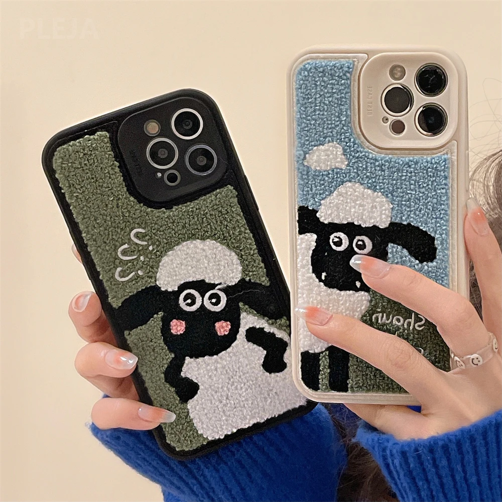 Милый мультяшный плюшевый чехол для телефона с вышивкой овцы iPhone 13 12 11 Pro Max 7 8 Plus XS