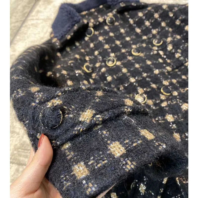 astounding  Cosmicchic 2020 Winter Leisure Wool Jacket Black Elegant Double-Breasted Tweed Woven Belt Plaid Fem