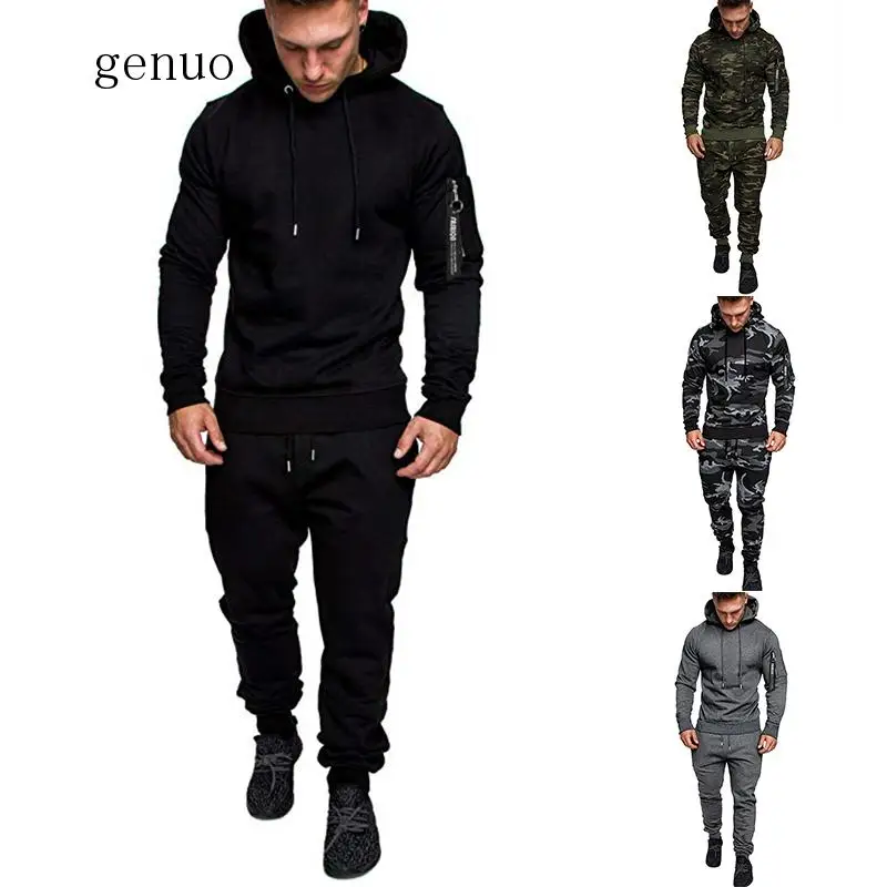 

Tracksuit Men 2020 New Zipper Pocket Hoodie Men's Sweat Pants Suit In Solid Color
