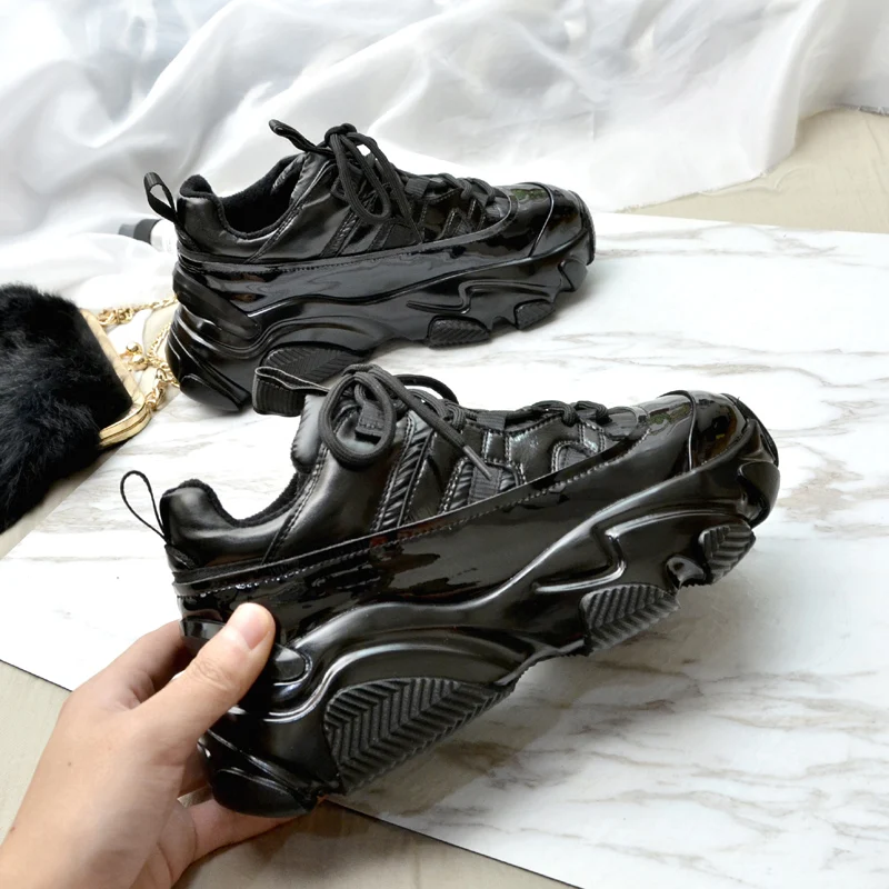 Новинка года; блестящие Серебристые кроссовки для папы; dames Baskets femme; женские кроссовки; модные черные кроссовки на высокой платформе; женская обувь