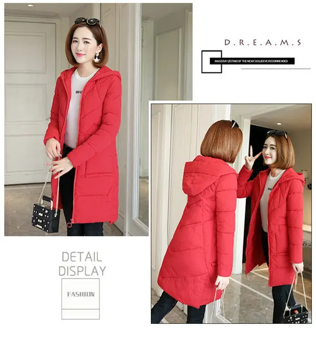 Winter Hooded Thick Warm Jacket Women Casual Cotton Padded Mid Length Coats Korean Snow Wear Overcoats Solid Parka Outwears New