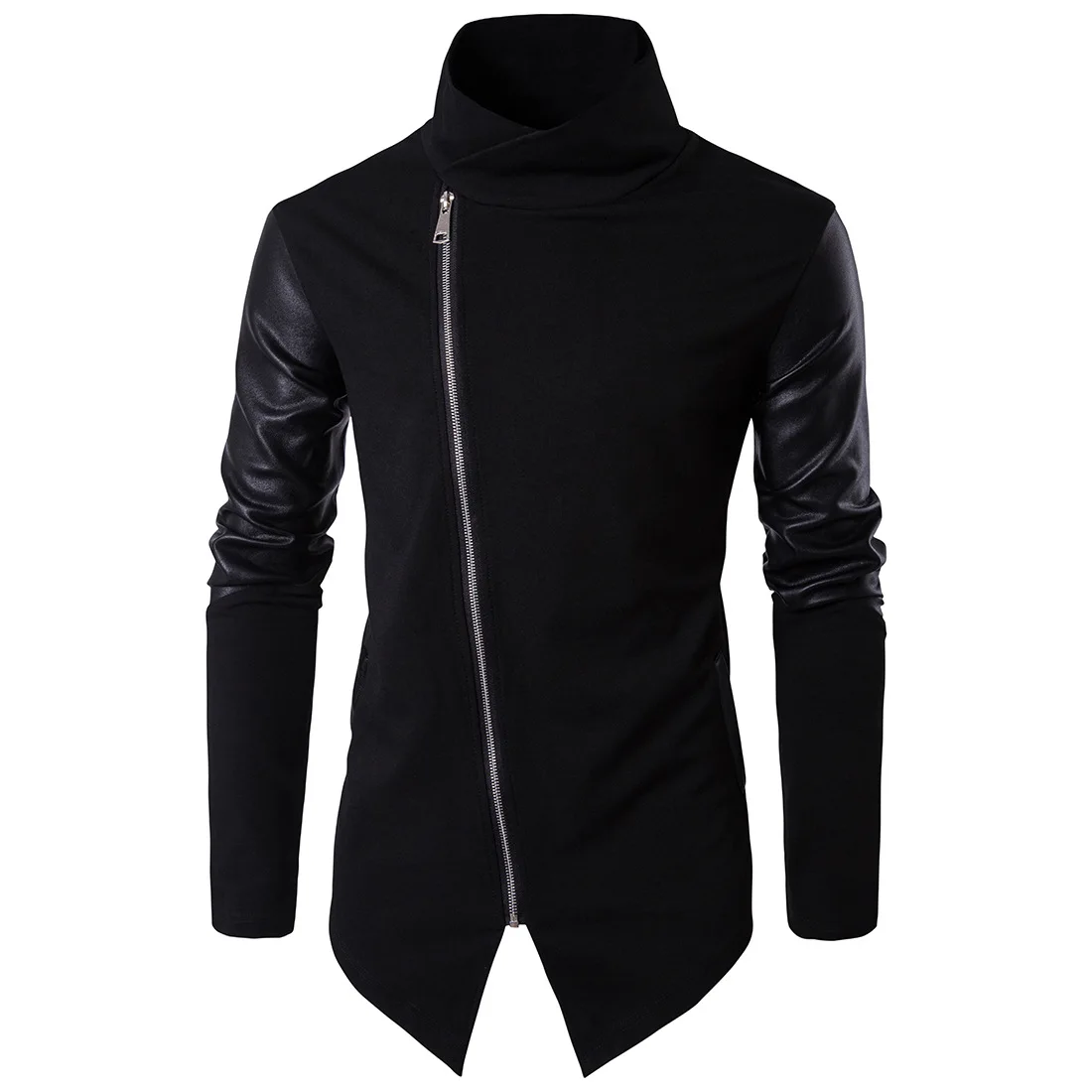 Модные черные кожаные лоскутные куртки с высоким воротом пальто для мужчин весна осень Панк МОТОР пальто для мужчин тонкий плюс европейский размер