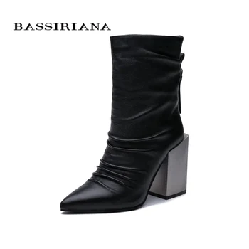 

BASSIRIANA 2019 spring and autumn new leather short boots women's high-heeled shoes black square toe