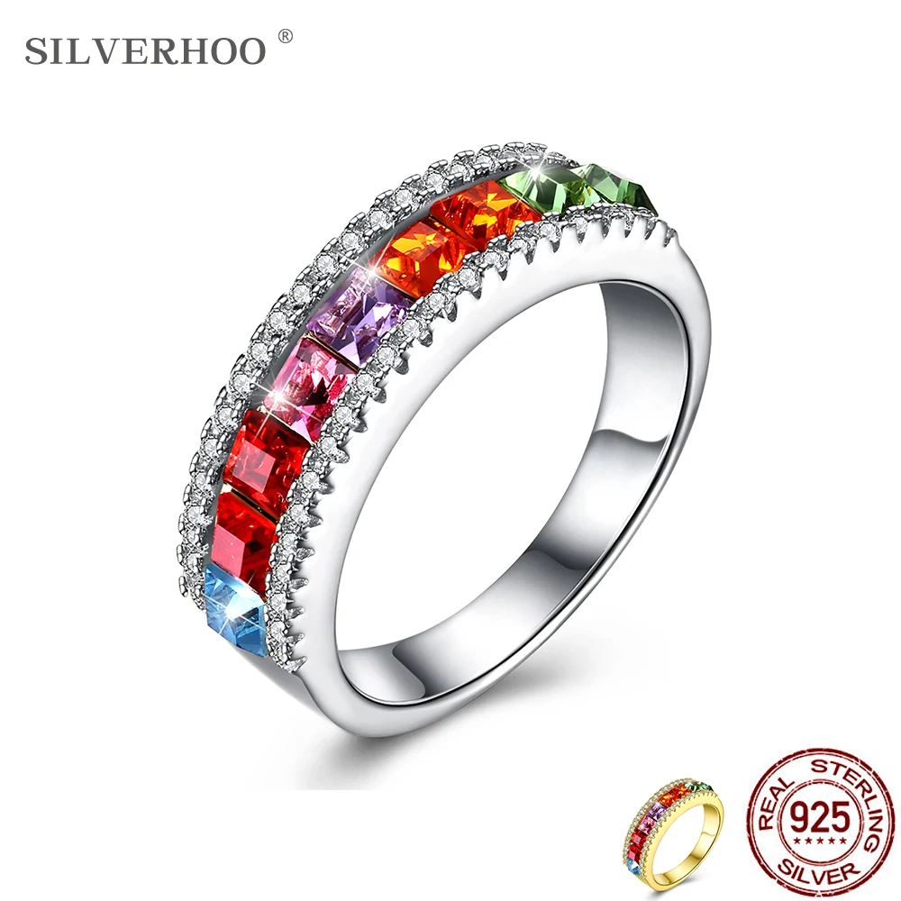 

SILVERHOO HOT SALE 925 Sterling Silver Ring Shiny Colored Zircon Ladies Ring Engagement Woman Marriage Statement Jewelry Gift