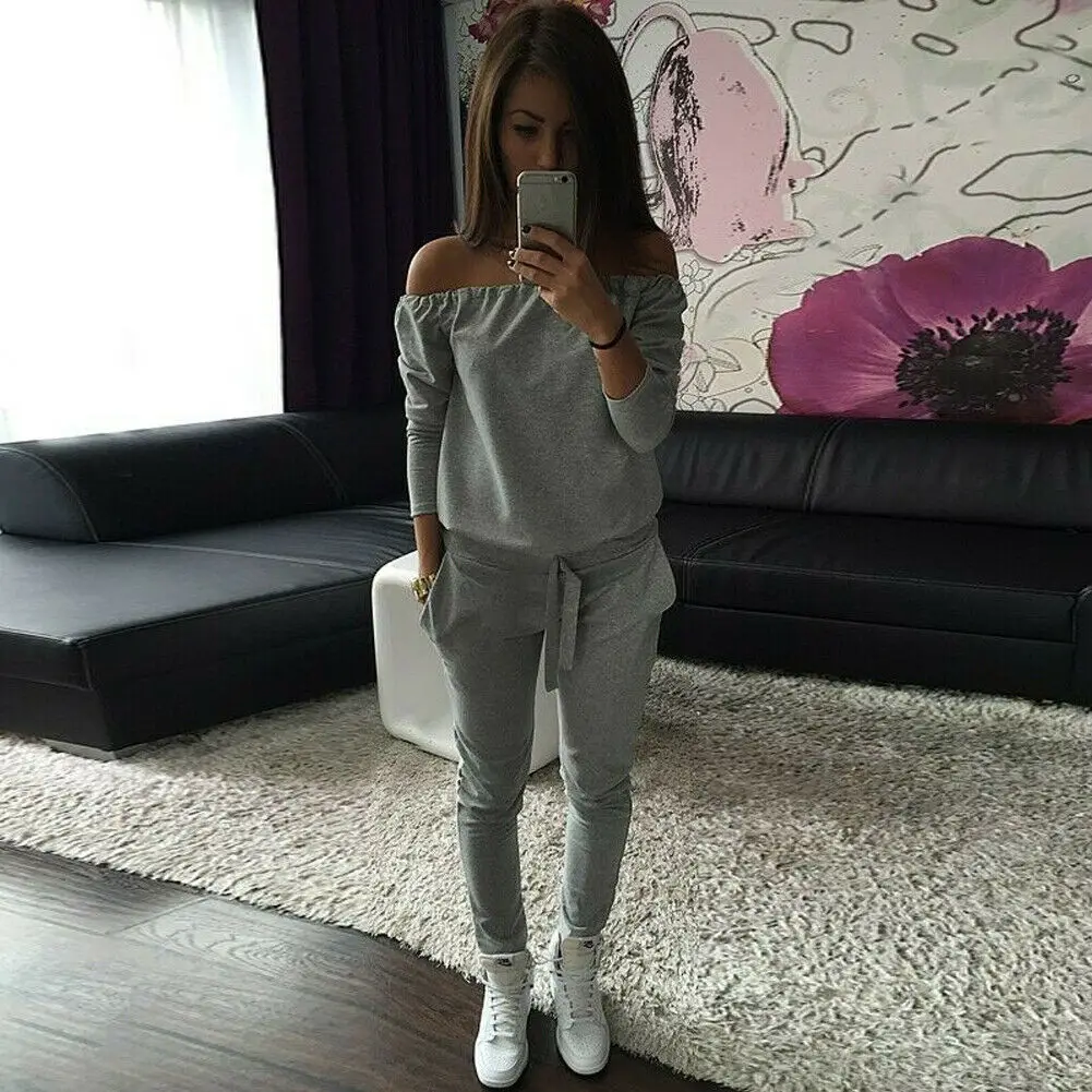 

2019 Newest Summer Autumn Arrival Simple Women Long Sleeve Off Shoulder Long Trousers Jumpsuit Casual Loose Playsuit Bodysuit