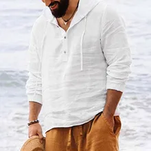 

Men Shirts Hooded Solid Color Autumn Long Sleeve Tops Casual Buttons Cotton Linen Vintage Summer Beach Shirts Camisa Masculina