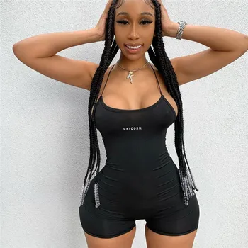 

Women Sleeveless Strap Letter Print Jumpsuit Fashion Rompers 2020 Sexy Women Jumpsuits Sports Sleeveless Playsuit Ladies Shorts
