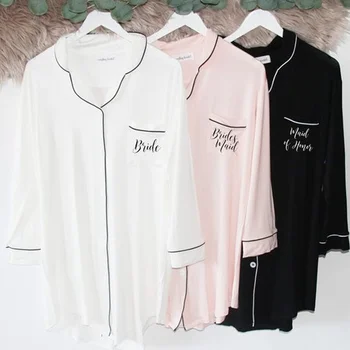 

Personalized Sleep Shirts For Women Cotton Modal Wedding Bride Bridesmaid Button Down shirts Maid of Honor Satin Monogram