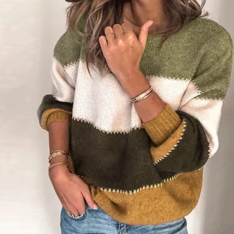 Женский свитер с круглым вырезом, модный джемпер в стиле пэчворк с длинным рукавом, осенний зимний свитер, пуловер, женские теплые вязаные свитера - Цвет: Yellow(style1)