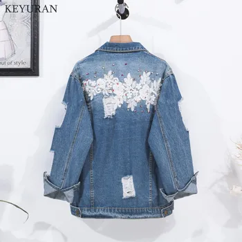 

2020 New Hole Jeans Jacket Women Casacos Feminino Loose Lace Patchwork Beading Lady Elegant Vintage Denim Jackets Coat Plus Size