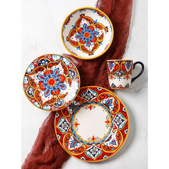 

CERAMIC TABLEWARE SALAD FRUIT PLATE AND DISH SET HOUSEHOLD UNDERGLAZE ETHNIC STYLE LARGE STEAK PLATE DINNER PLATER SET
