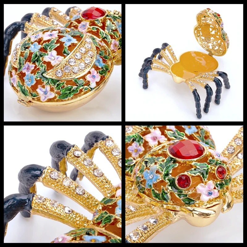 H&D Hand-painted Hinged Spider Trinket box With Crystals Enamel Animal Decor Aranchnid Figurine Collectible Jewelry Storage Gift