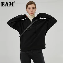 [EAM] свободный крой, черный, короткий, более размера d, толстовка, новинка, с капюшоном, длинный рукав, для женщин, большой размер, модный, Осень-зима, 1H508