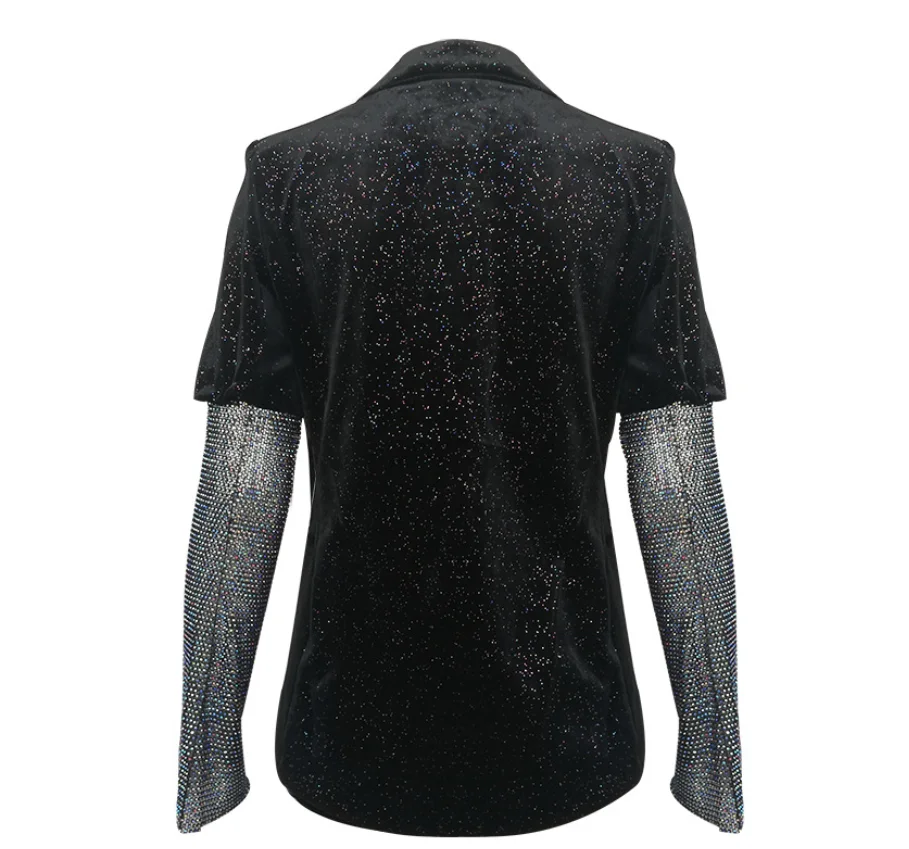 Bright fan velvet Mesh stitching sequins stage costumes Mesh long sleeve Black small suit jacket Temperament Suit Top Women
