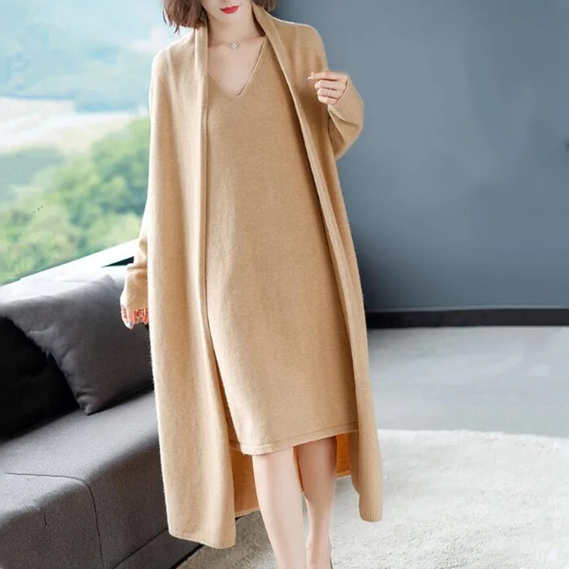 

Knitted Dress Suit Tracksuit Women Set 2 Piece Long Jacket Knit Sweater Midi Dress Ladies Clothes Female Spring Autumn Plus Size