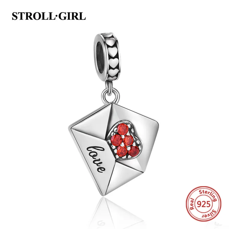 

StrollGirl 925 sterling silver heart charm envelope of Love pendant bead with Red CZ fit Pandora bracelet for Women Jewelry gift