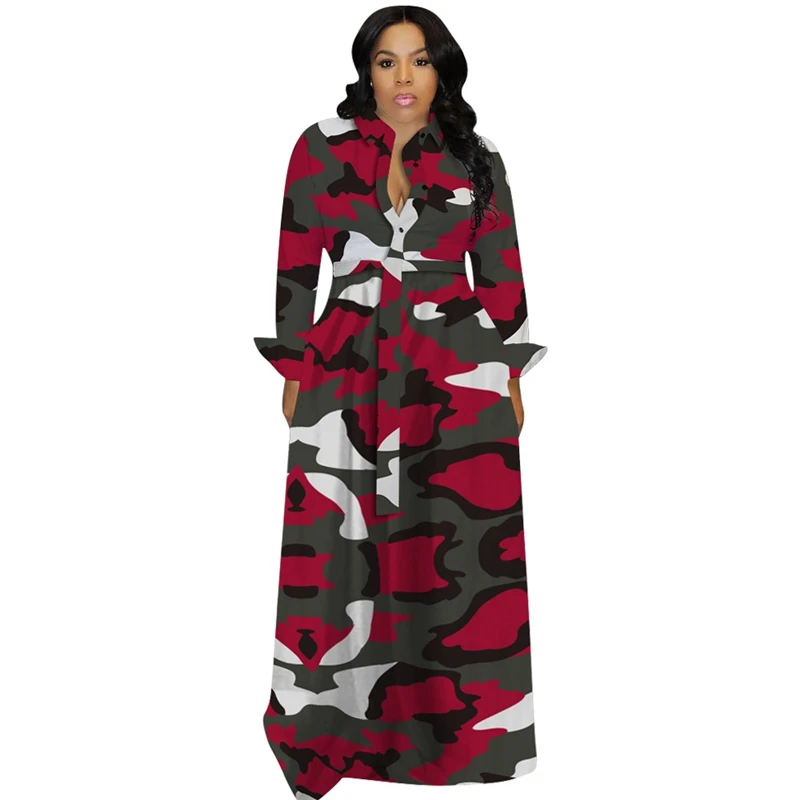 Женское платье макси размера плюс с длинным рукавом, винтажный принт, Дашики, африканские платья для дам, на пуговицах, элегантная рубашка, длинное платье - Цвет: Коричневый