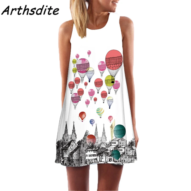 

Arthsdite Balloon Print 2019 Summer Floral Tank Dress Women Boho Casual Sexy Off Shoulder Plus Size Beach Sundress Vestidos