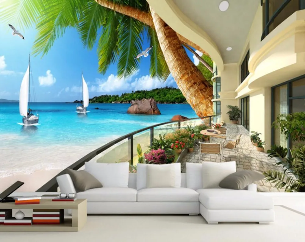 CJSIR Custom Wallpaper Hawaii Resort Balcony Seascape Coconut Tree TV Backdrop Home Decor Background Wall Mural 3d | Обустройство