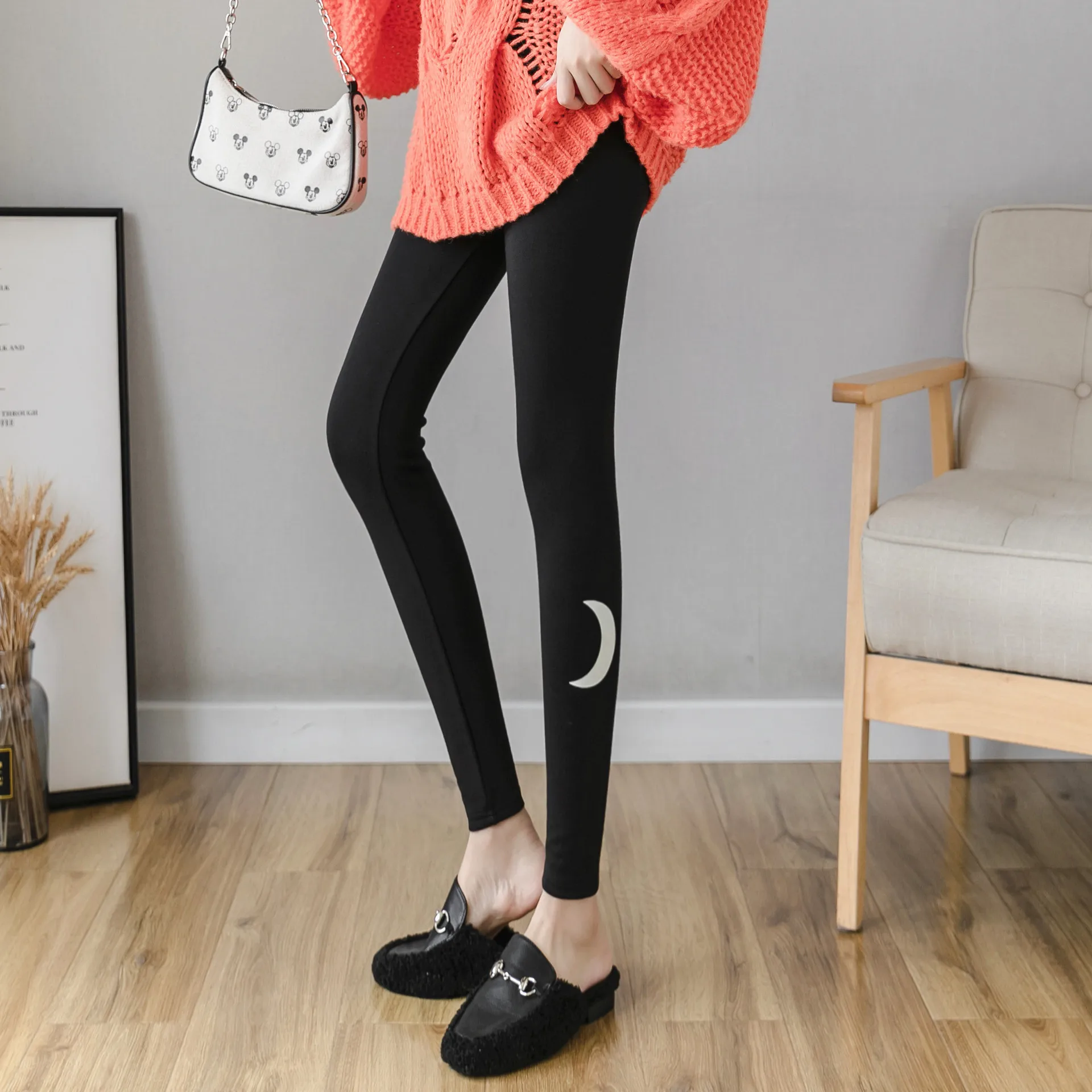 Night Light Glow Moom Ankle Length Leggings Women Black Grey Blue Warm Fleece Velvet Lined Legging High Waist Autumn Winter