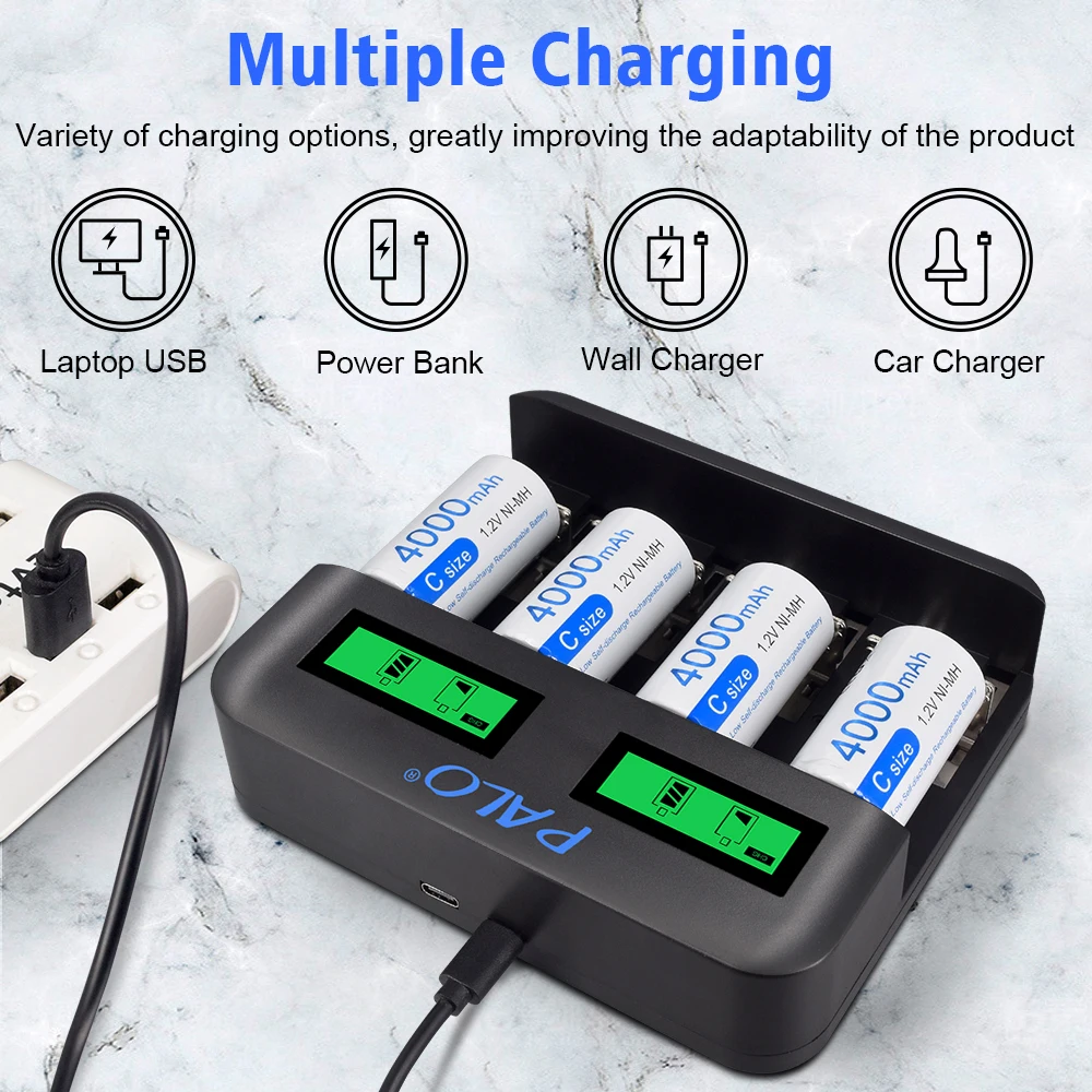 2-8pcs C Size LR14 Rechargeable Battery 4000mAh Type C Battery 1.2V NI-MH Rechargeable C Batteries for Flashlight Gas Cooker