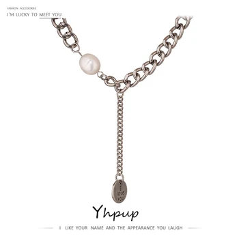 

Yhpup Charm Metal Round Long Pendant Necklace Luxury Natural Freshwater Pearl Jewelry Necklace for Women Bijoux Femme Gift New