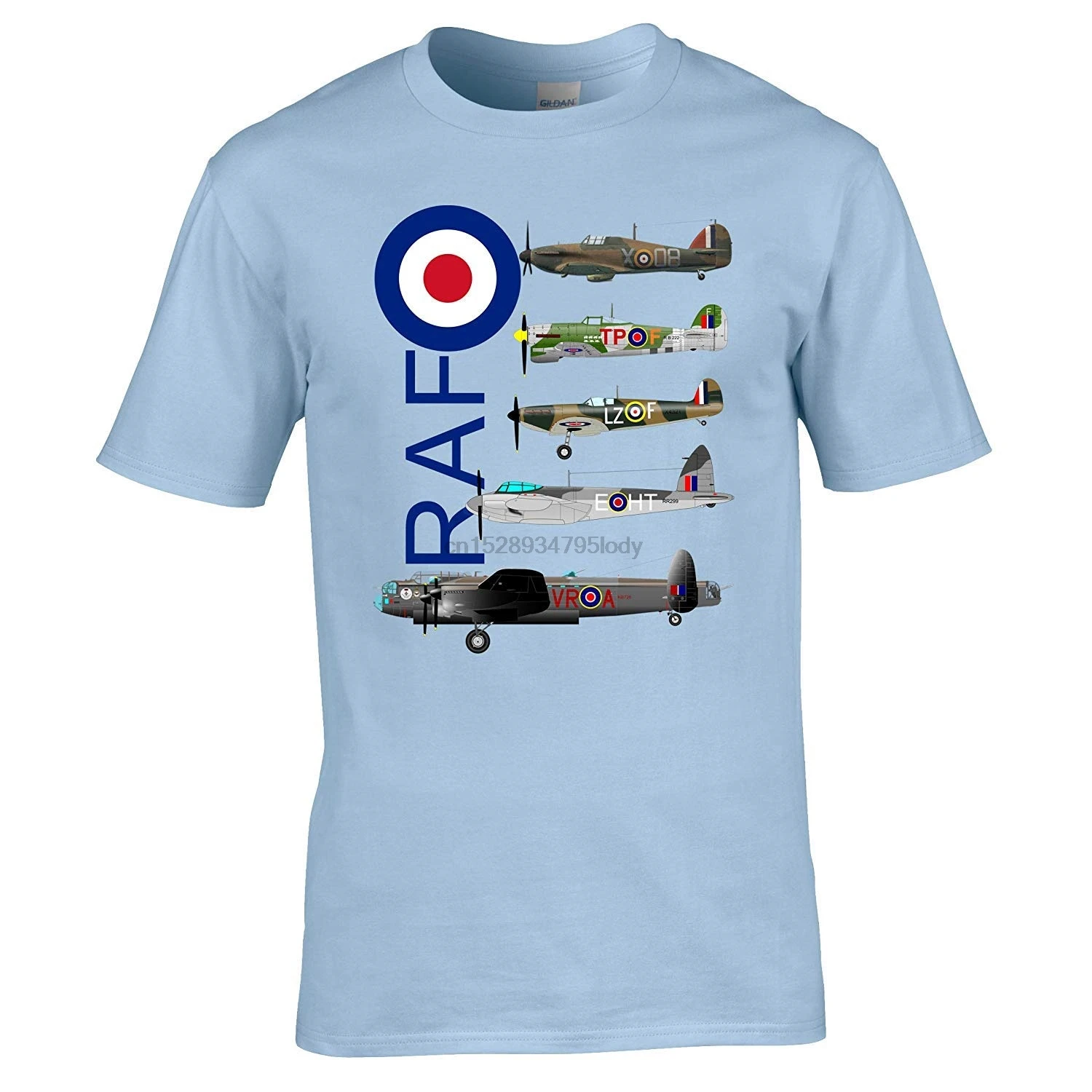 

Iconic RAF Aircraft from World War Two - The Hurracaine Typhoon Spitfire Mosquito and The Lancaster All on one T-Shirt