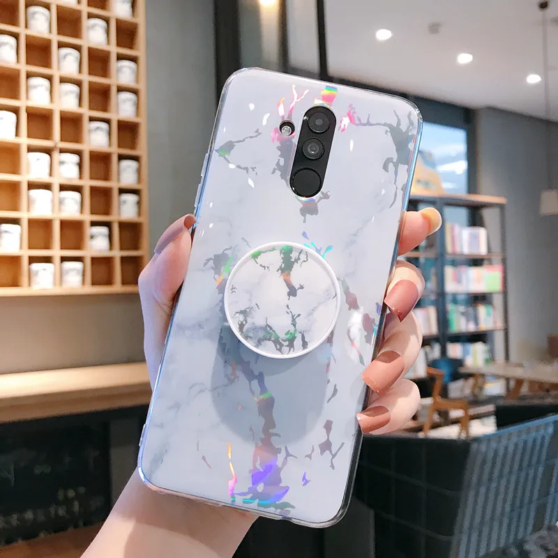 Мраморный лазерный чехол для huawei Honor 10 P30 Pro mate 20 7C Pro lite Y5 Prime Y6 7A Nova 3i 3 2i со складной держатель чехол