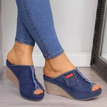 

2020 Women Sandals 3cm Platform Wedges Women's Shoes Thick Heel Open Toe Sandals Denim Cloth Summer Style Blue Jeans Shoes