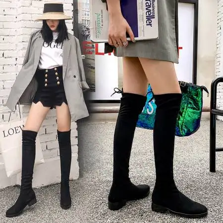 SIMLOVEYO/черные, серые женские замшевые ботфорты выше колена на толстом квадратном каблуке; женские Сапоги выше колена; большие размеры 32-48; B007 - Цвет: Black Low heel S