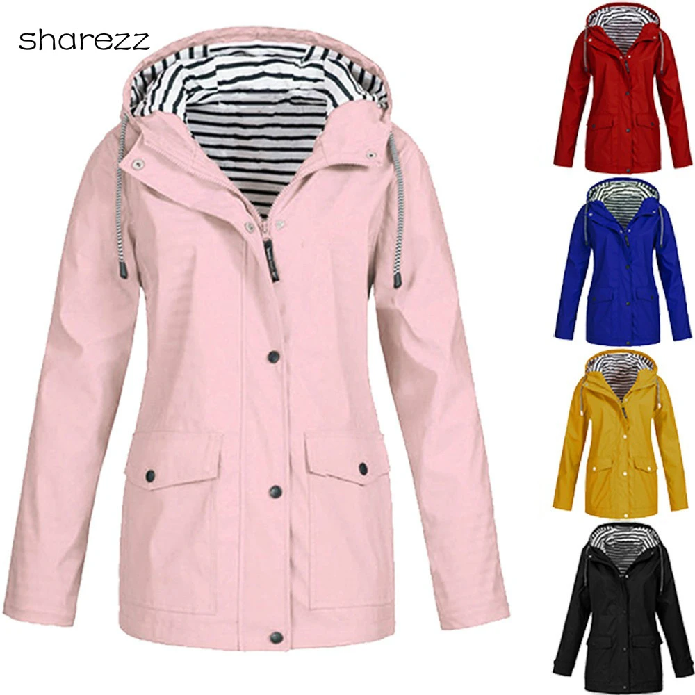 2019 primavera y otoño de Lluvia Sólida para mujer al aire libre chaquetas de talla grande chaqueta de piloto impermeable con capucha impermeable a prueba de básicas| - AliExpress