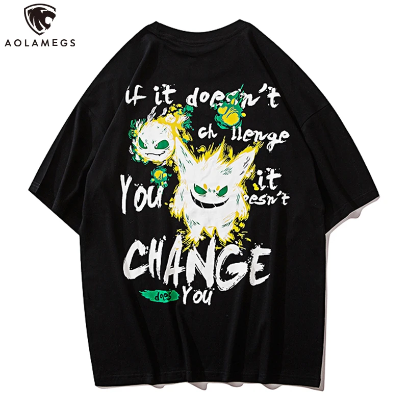 

Aolamegs Men T Shirt Hip Hop Graffiti Printed Casual O-Neck Cute Oversize Retro Style Bermuda Fashion Couple Streetwear Summer