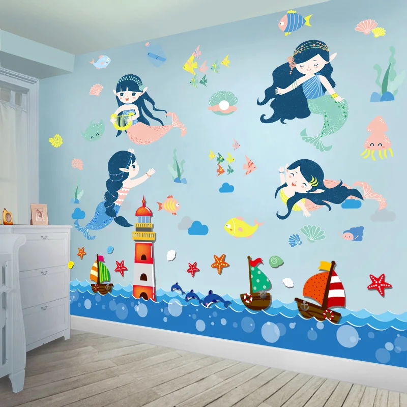 

Cartoon Mermaid Wall Stickers DIY Lighthouse Boats Wall Decals for Kids Room Baby Bedroom Nursery Home Decoration