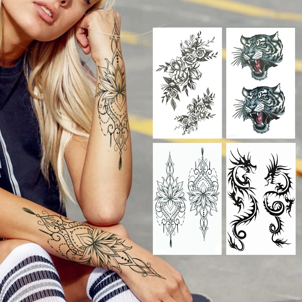 Lotus Chains Fake Temporary Tattoos For Women Girls Realistic Tiger Dragon Tattoo Paper Hands Peony Rose Flower Waterproof Tatoo Temporary Tattoos Aliexpress