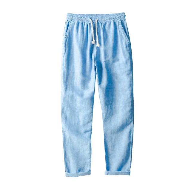US $14.99 2020 Men's Summer Casual Cotton Linen Pants Solid White Blue Man Bottoms Elastic Waist Straight Tro