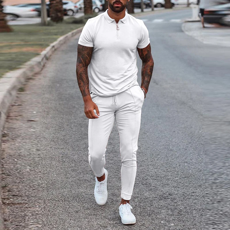 2021 Summer Streetwear Fashion 2 Piece Set For Men Short Sleeve Tops And Drawstring Pants Suits Mens Clothes Casual Solid Outfit - Image 4