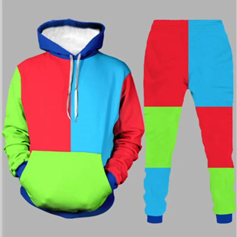 

New Trend Fashion Men's Set Sweatsuit Spring Autumn Hoodie 3d Splicing Color Hooded Jacket+Pants 2 Piece Pack Couple Tracksuit