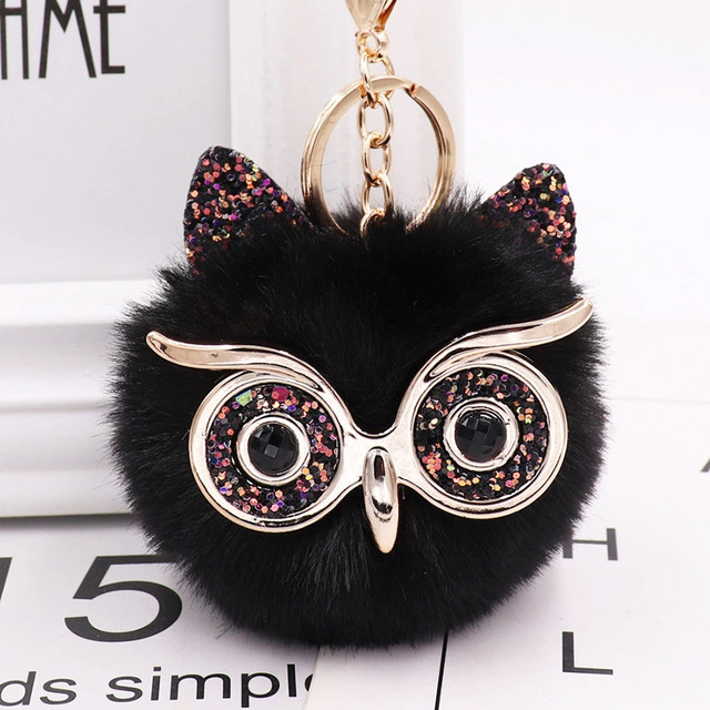 Cute Sequin Ears Owl Keychain Fluffy Artificial Rabbit Hairy Pom-pom Keychain Women's Shoulder Bag Owl Pendant Key Ring