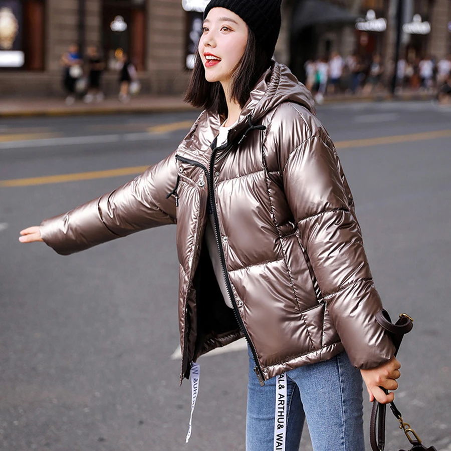 

Casual Hooded Glossy Down Coat Women Winter Thick Warm Down Jacket Office Lady Vogue Reflective Coats Streetwear Plus Size Coat