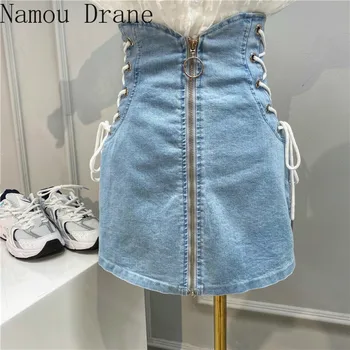 

2020 Side Corss Lace Up Sexy Demin Faldas Mujer Moda Jeans Women Skirt Zipper High Waist Mini A-line Skirts